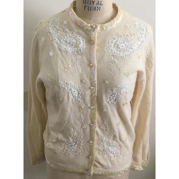 Vintage 1980's Vivien Forest Beige Sequin & Bead Embellished Cardigan Sweater M - Picture 1 of 11